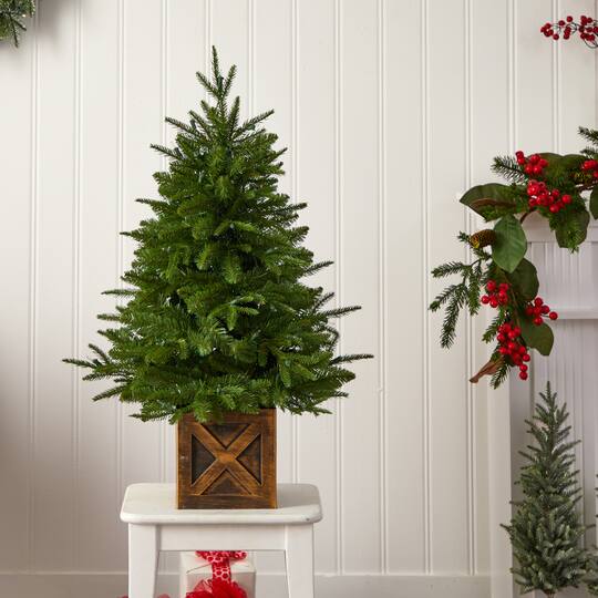3ft. Pre-Lit Finland Fir Artificial Christmas Tree in Decorative Planter, Warm White Lights